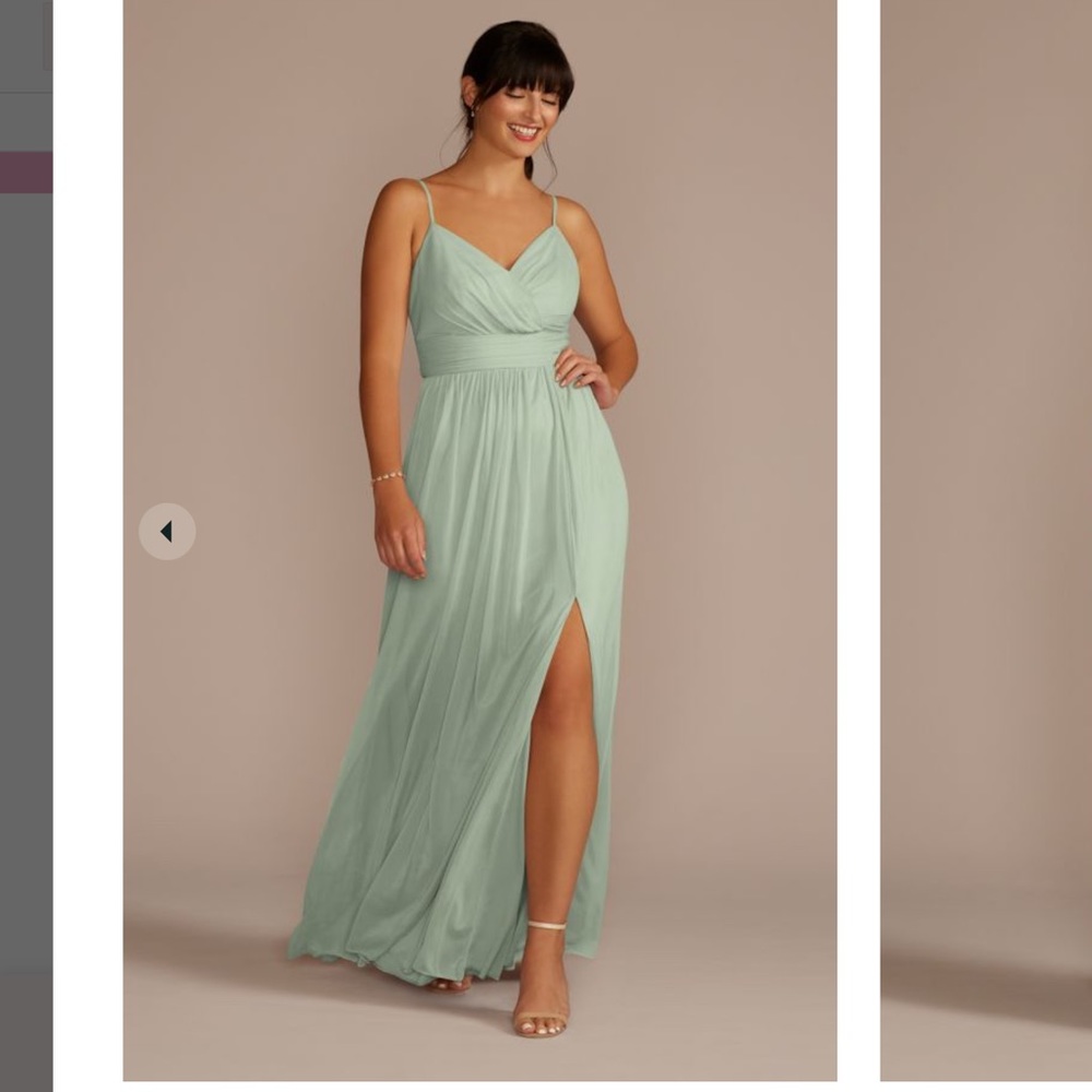 David’s Bridal Spaghetti Strap Ruched Waist Mesh Bridesmaid Dress - Dusty Sage